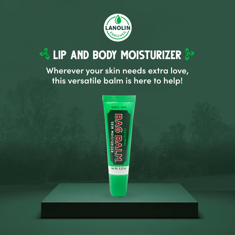 Bag Balm Original lip balm tube in hand for dry hands or cuticle care.