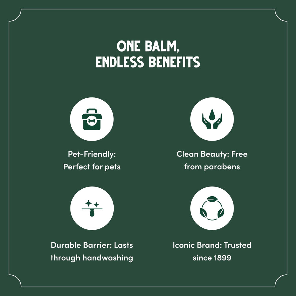 Bag Balm Original lip balm tube beside paw pads for quick relief.