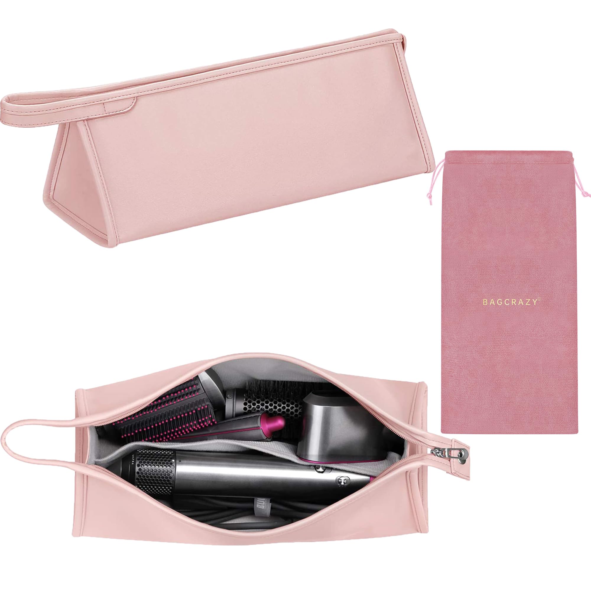 BAGCRAZY Pu Leather Travel Case for Dyson Airwrap in pink keeps gear organized on the go.