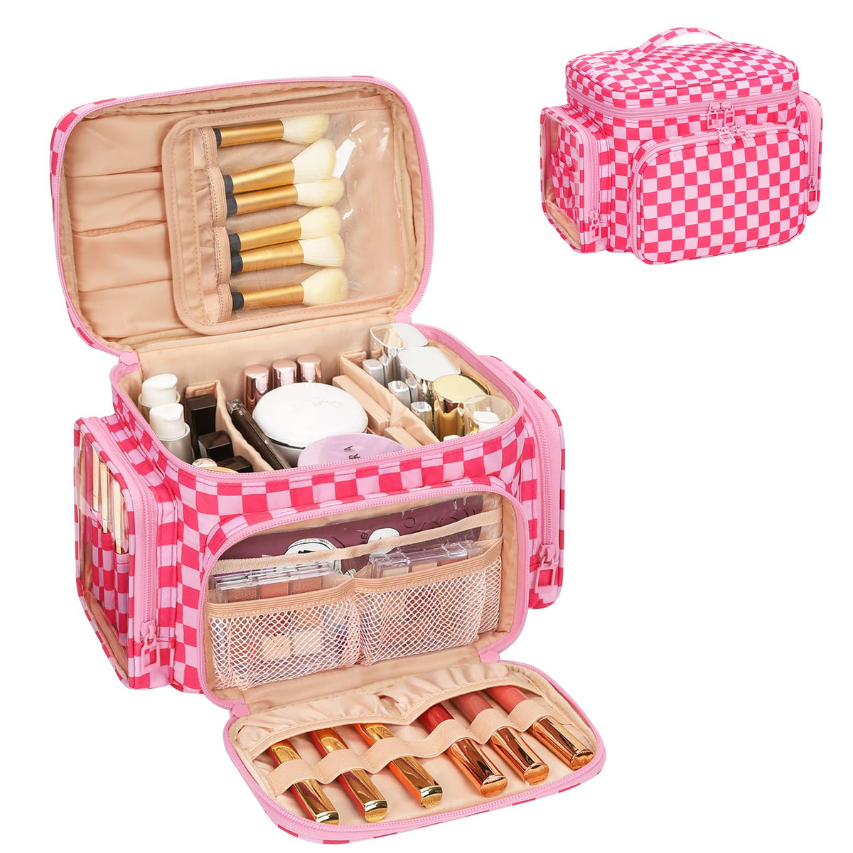 Bagmoly large checkered makeup bag front view, spacious design for vertical bottle storage.