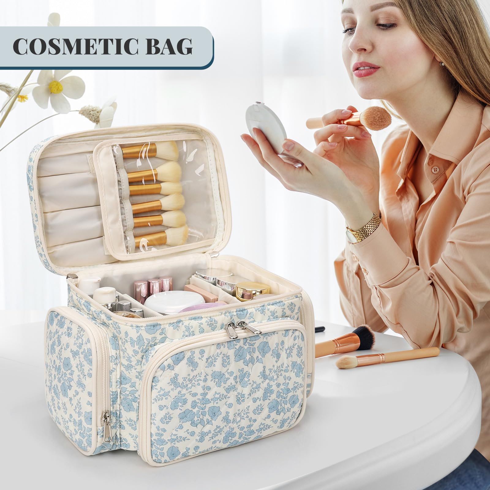 Bagmoly large cotton makeup bag durable double-zip closure for secure transport