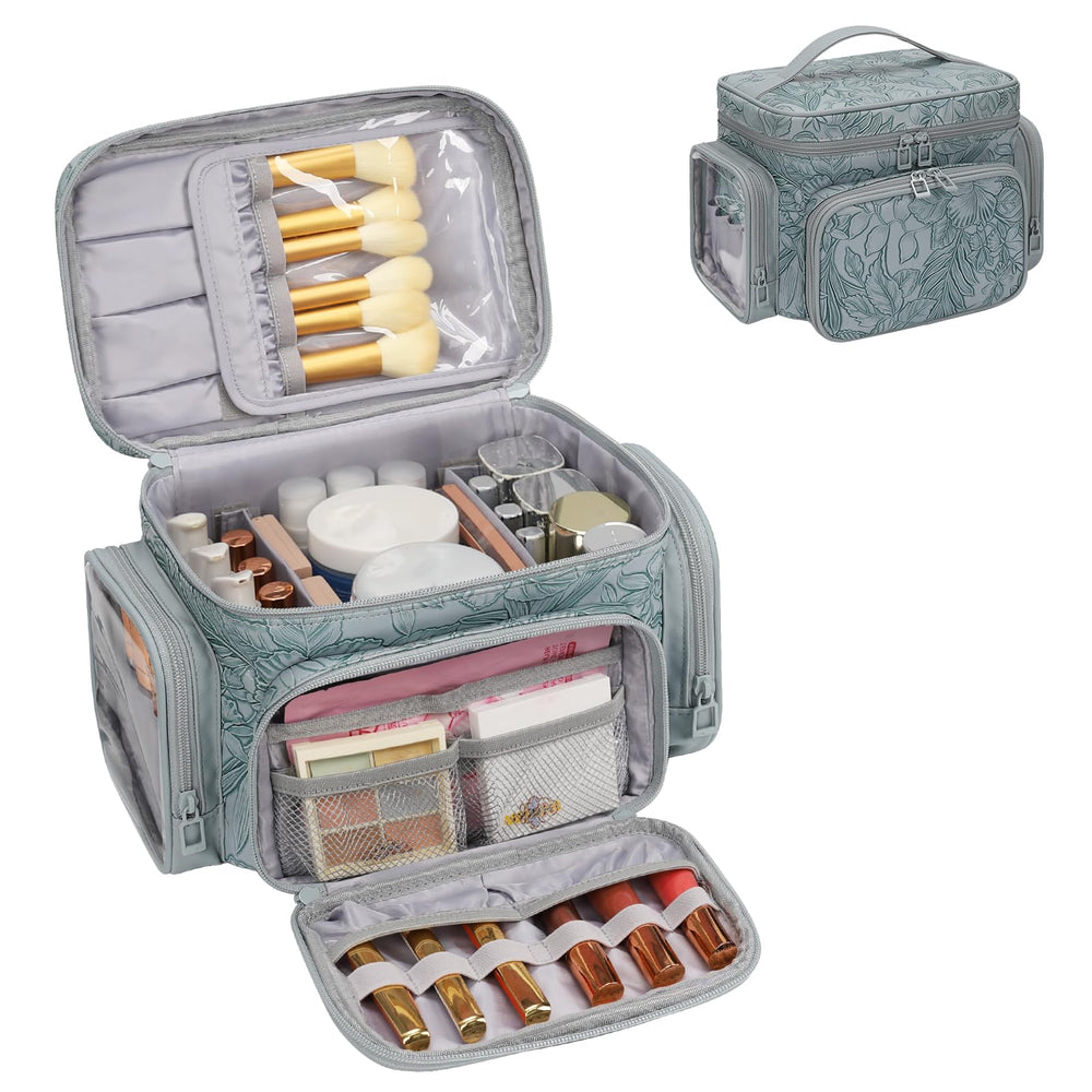 Bagmoly large makeup bag floral blue front view demonstrates ample vertical storage for cosmetics on trips.