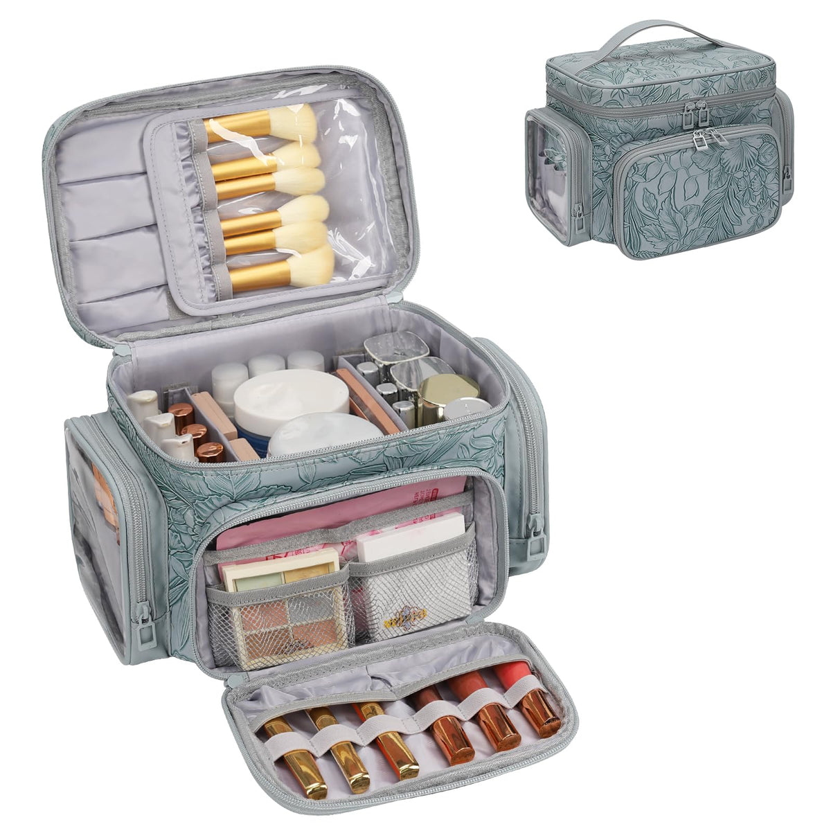 Bagmoly large makeup bag floral blue front view demonstrates ample vertical storage for cosmetics on trips.