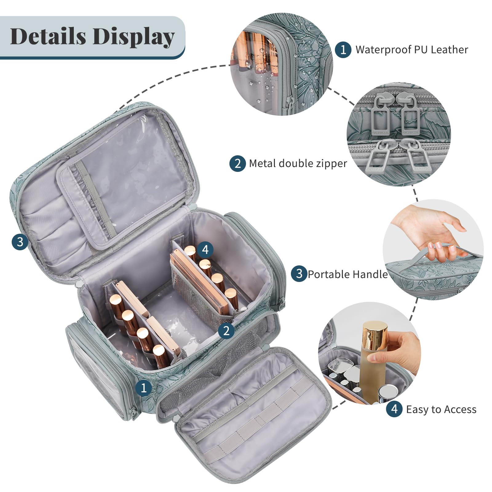 Bagmoly large makeup bag floral blue open dividers highlights adjustable compartments for organization on the go.