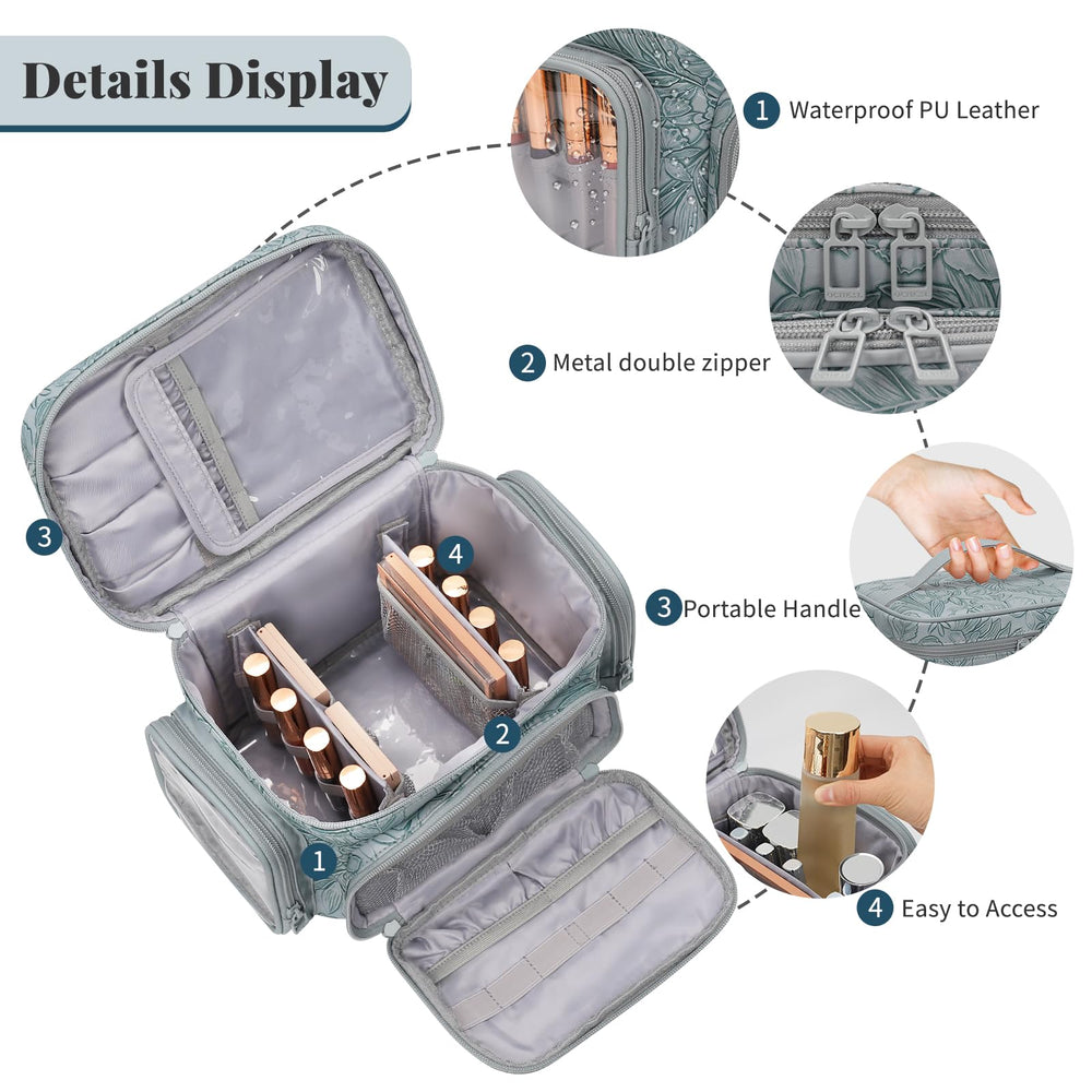 Bagmoly large makeup bag floral blue open dividers highlights adjustable compartments for organization on the go.
