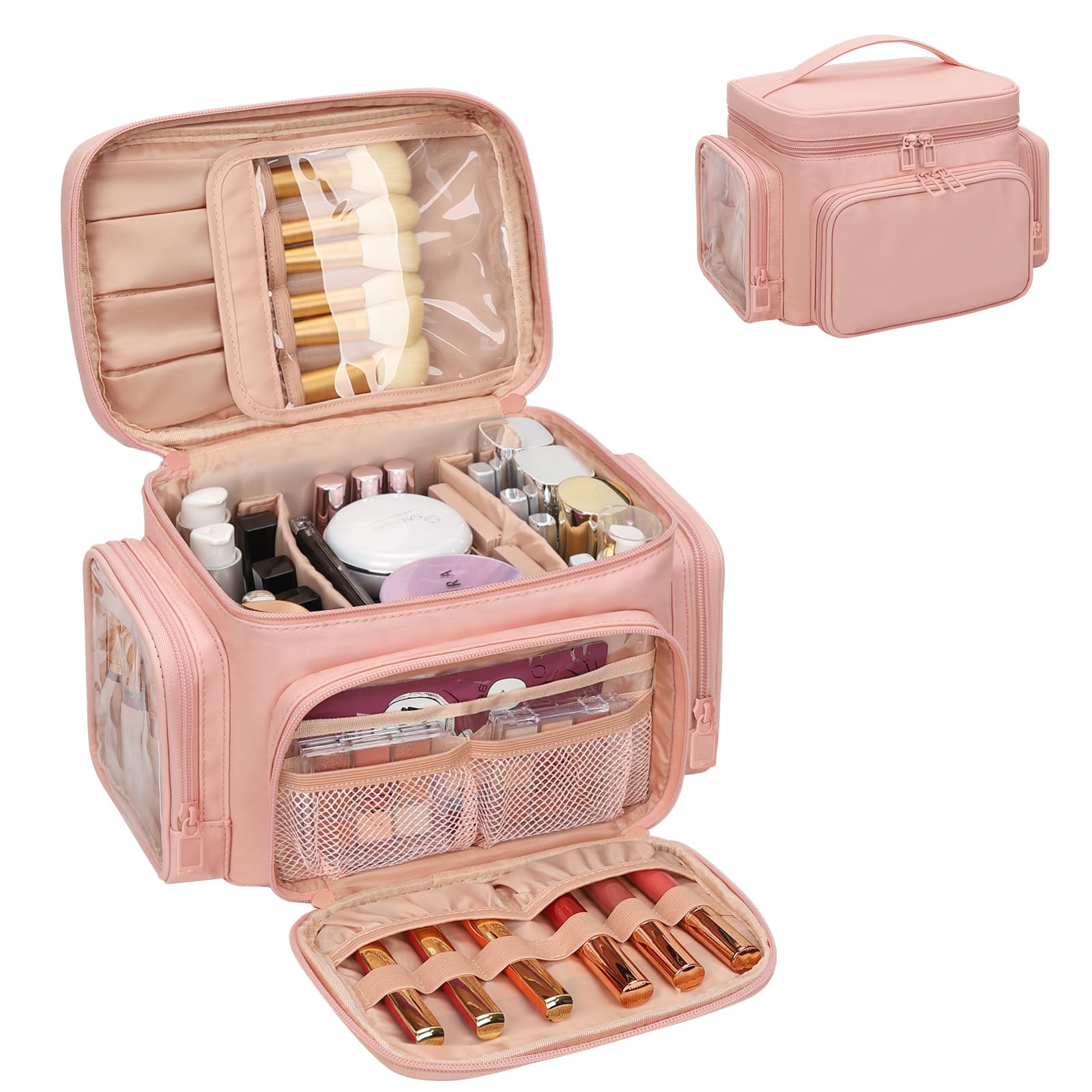 Bagmoly large makeup bag open showing spacious interior for organized cosmetics travel.