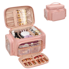 Bagmoly large makeup bag open showing spacious interior for organized cosmetics travel.