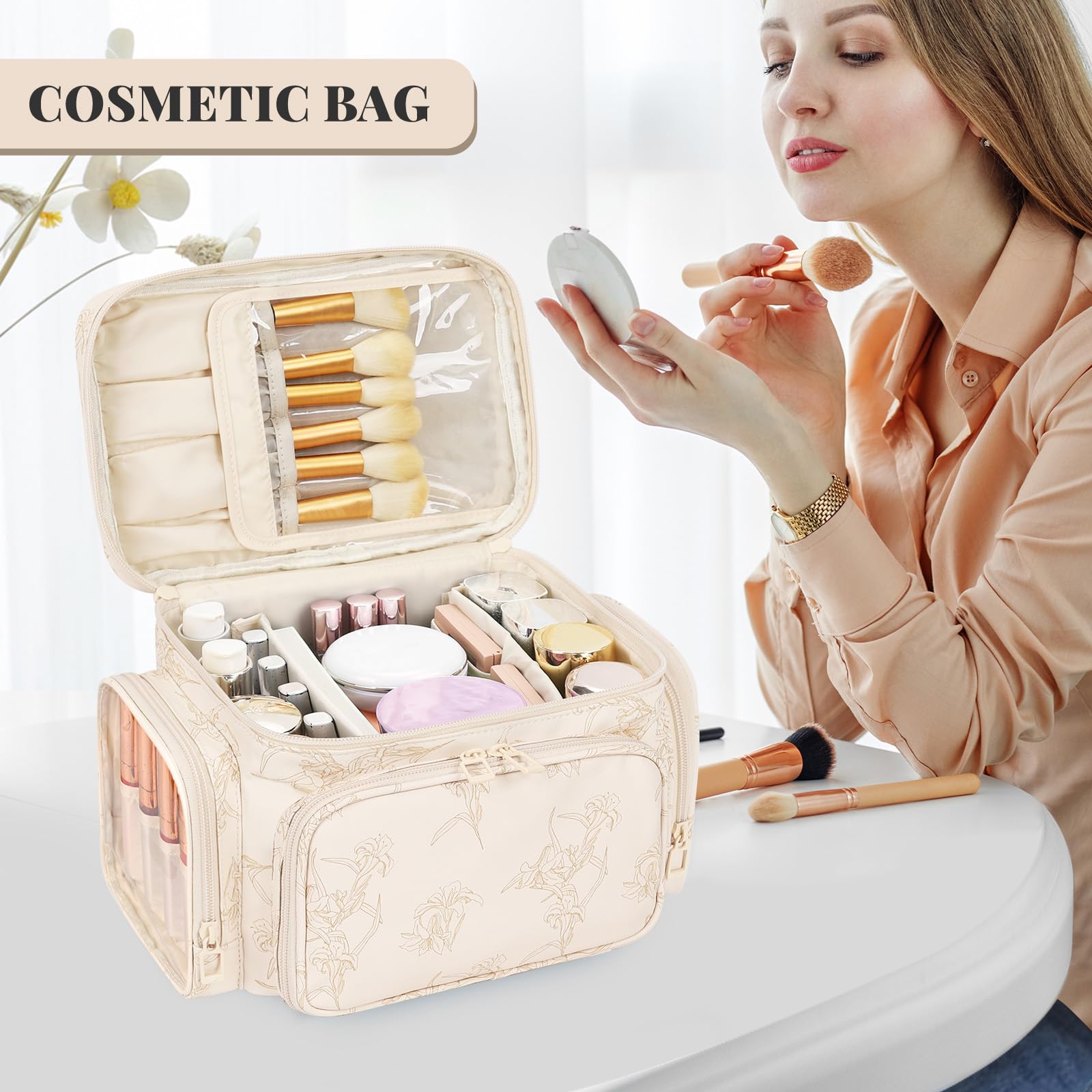 Bagmoly makeup bag removable dividers customize space for bottles and powders.