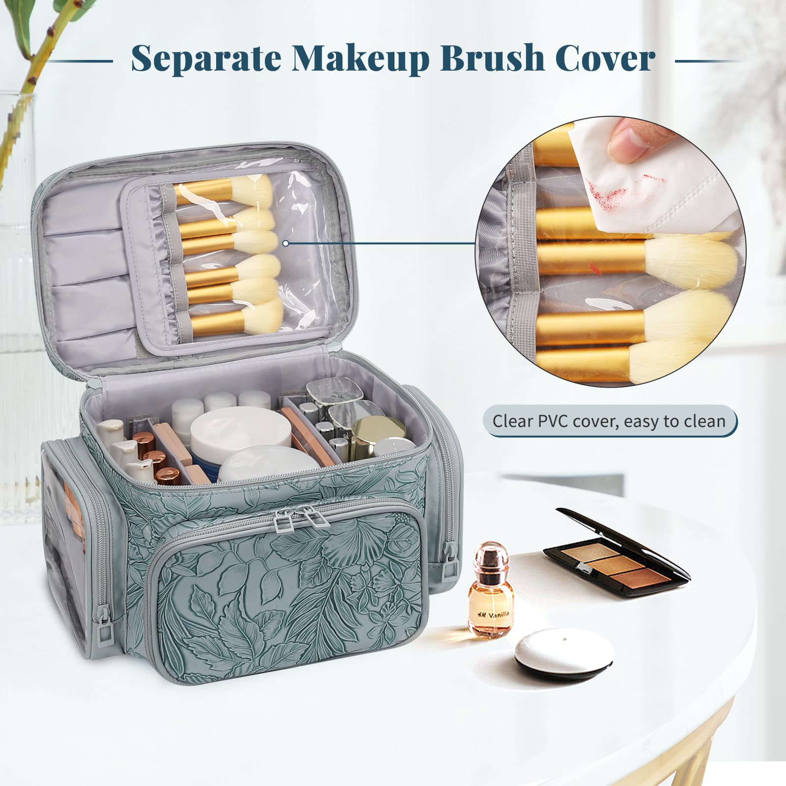 Bagmoly makeup brush compartment image emphasizes easy brush access and powder-dust protection.