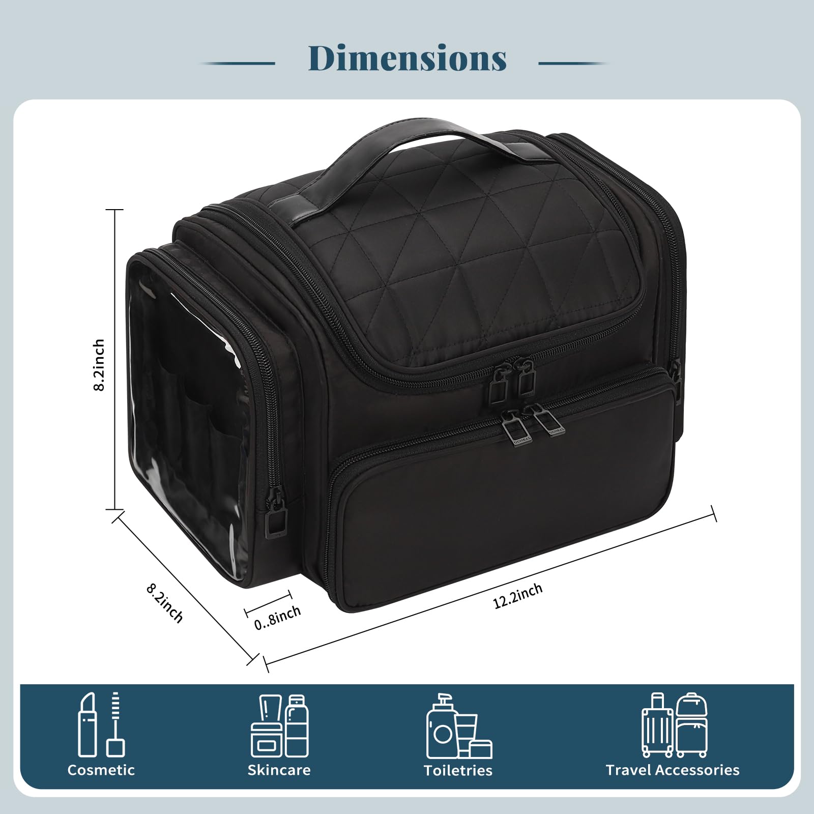 Bagmoly XL makeup bag removable dividers optimize space for cosmetics and personal items.