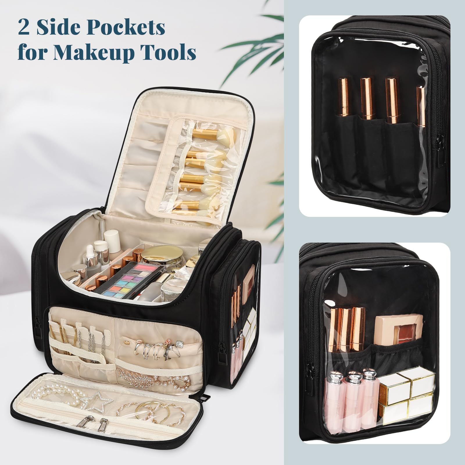 Bagmoly XL makeup bag two side pockets organize small items like sponges and travel essentials.