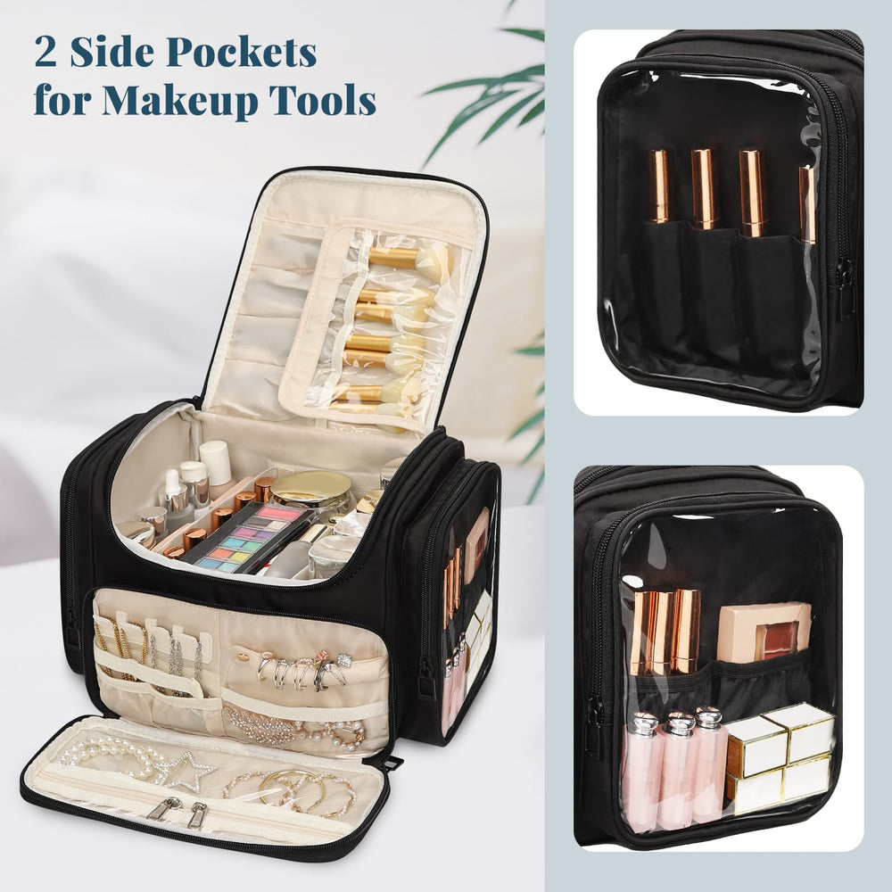 Bagmoly XL makeup bag two side pockets organize small items like sponges and travel essentials.