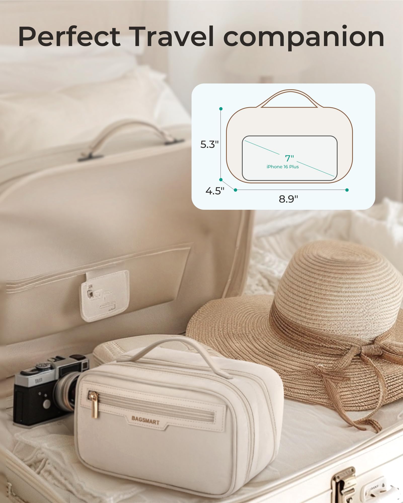 BAGSMART 180-degree opening enables easy access to cosmetics.