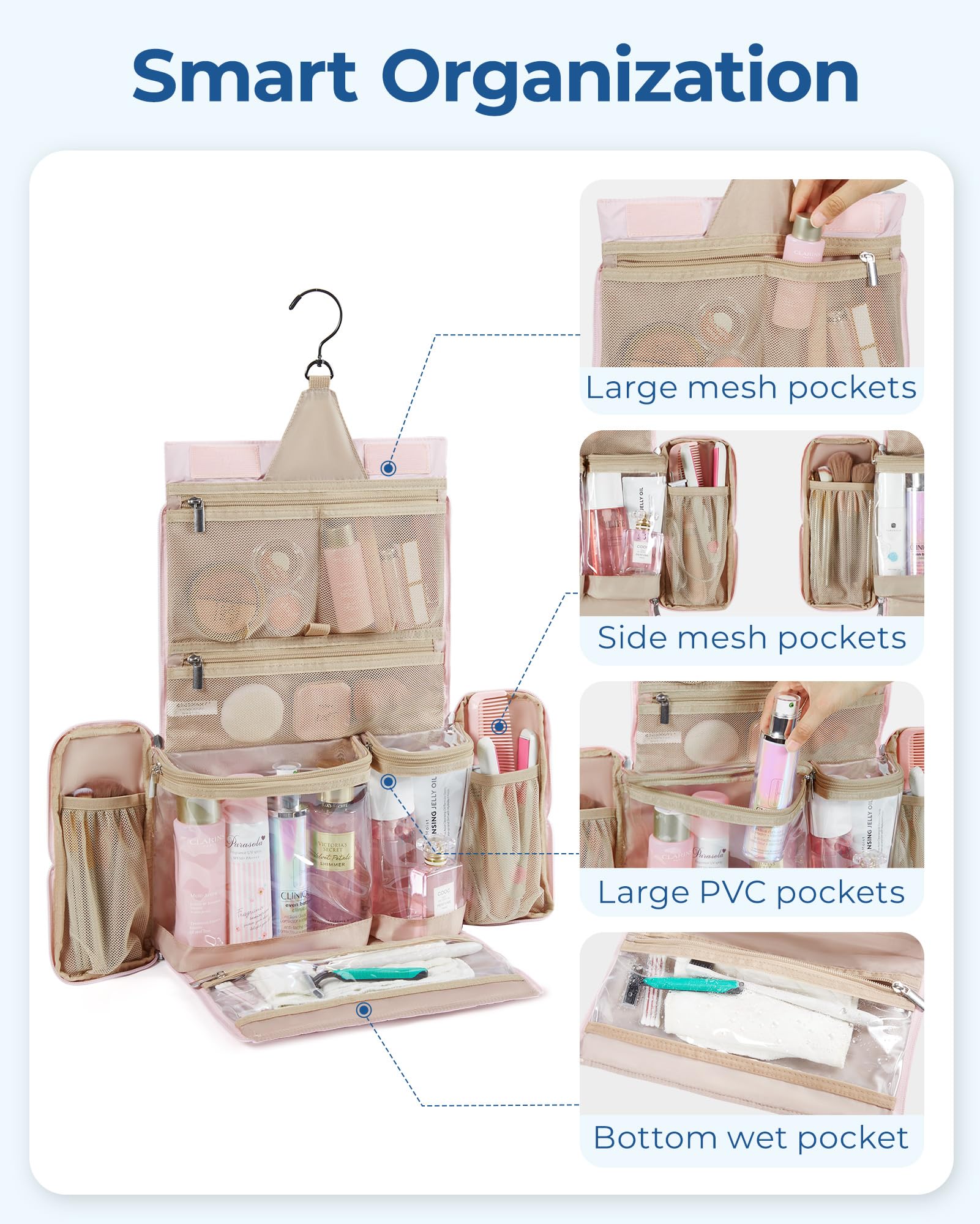 BAGSMART bag features a sturdy handle and 360-degree hook for versatile hanging.