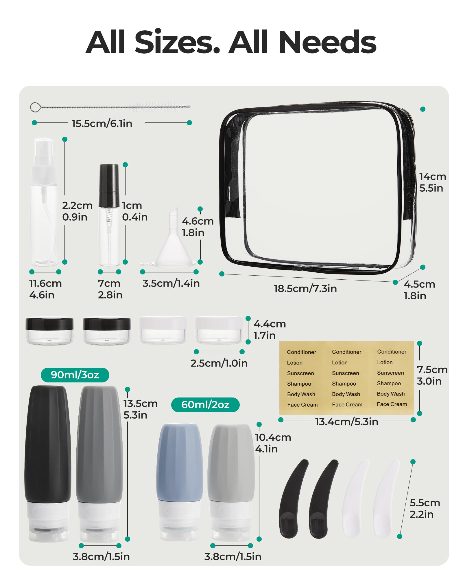 Accesorios BAGSMART: embudo, rociadores y tarros para cosmética.