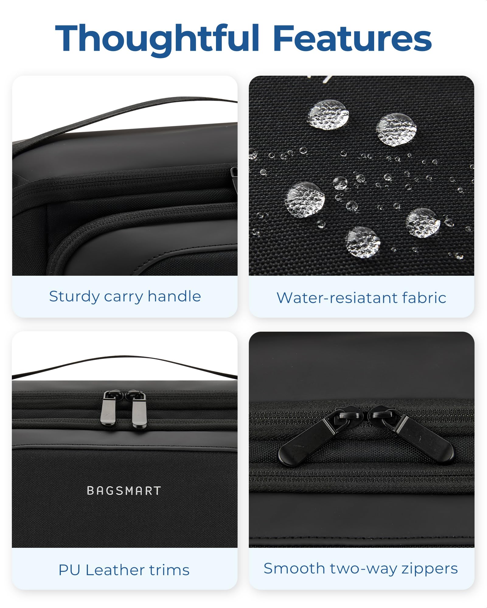 Bagsmart beige Dopp Kit in use for cosmetics and toiletries on the go.