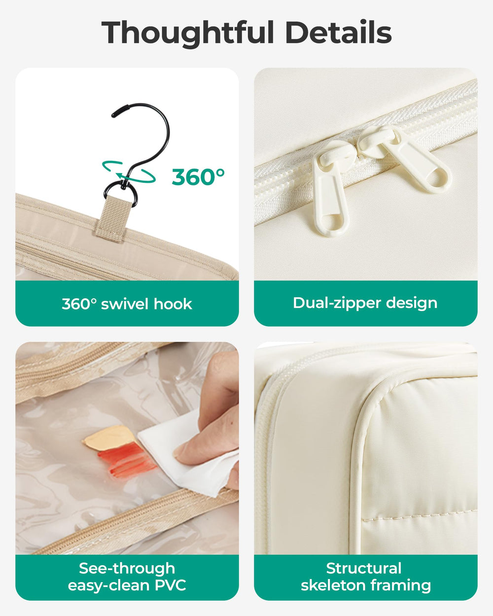 BAGSMART beige hanging toiletry bag close-up with two-way zipper for quick access