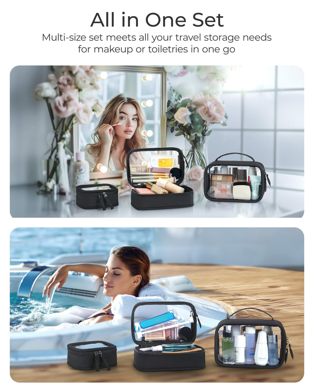 BAGSMART black clear makeup bag suitable for cosmetics and personal items.