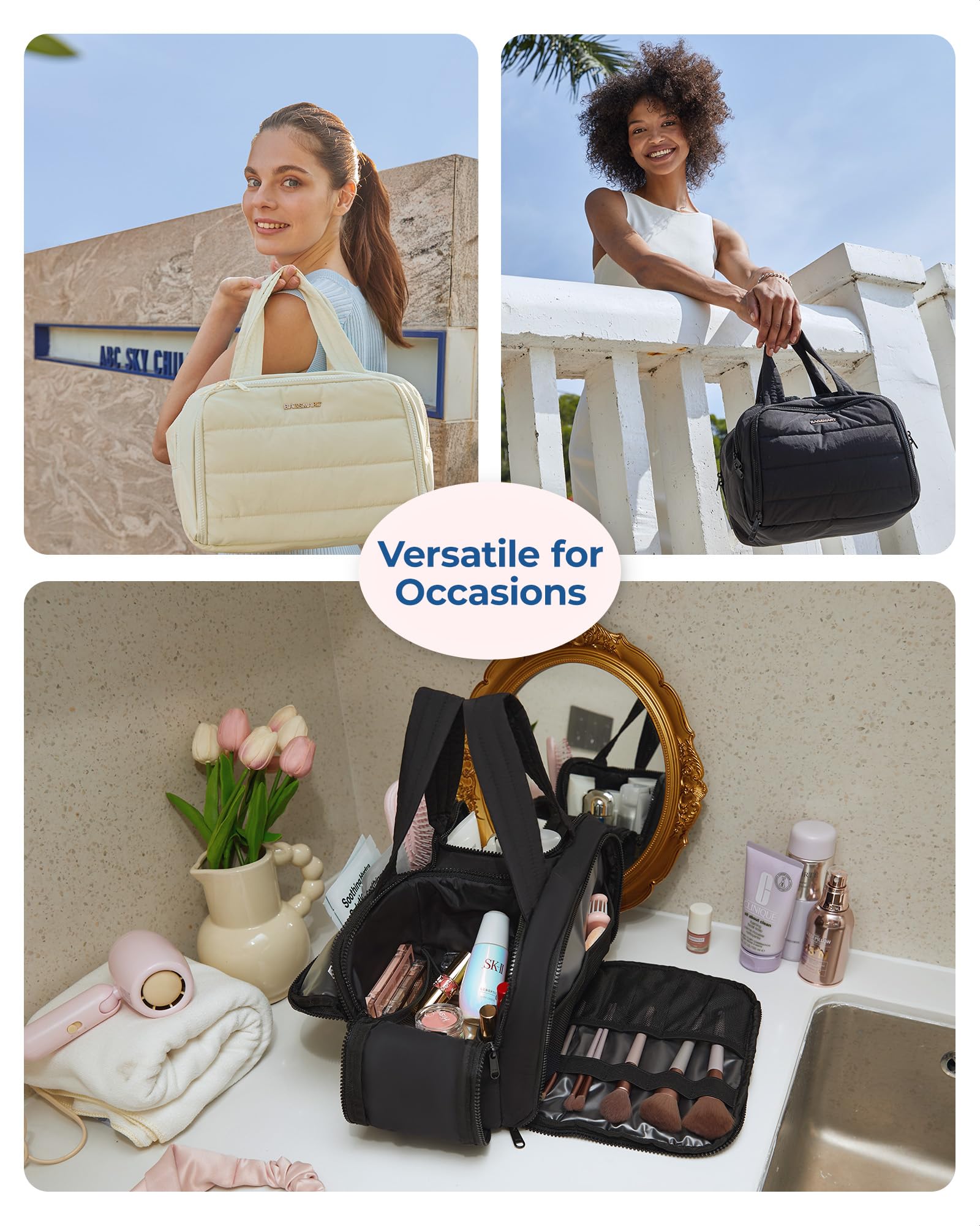BAGSMART black travel toiletry bag with handle for easy transport.