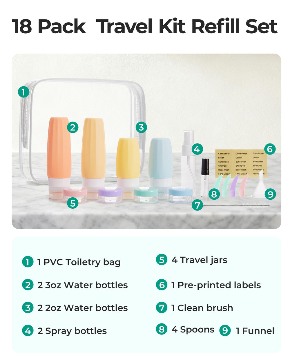 Botellas BAGSMART de silicona 2 oz para viaje, ideales para champú y acondicionador.