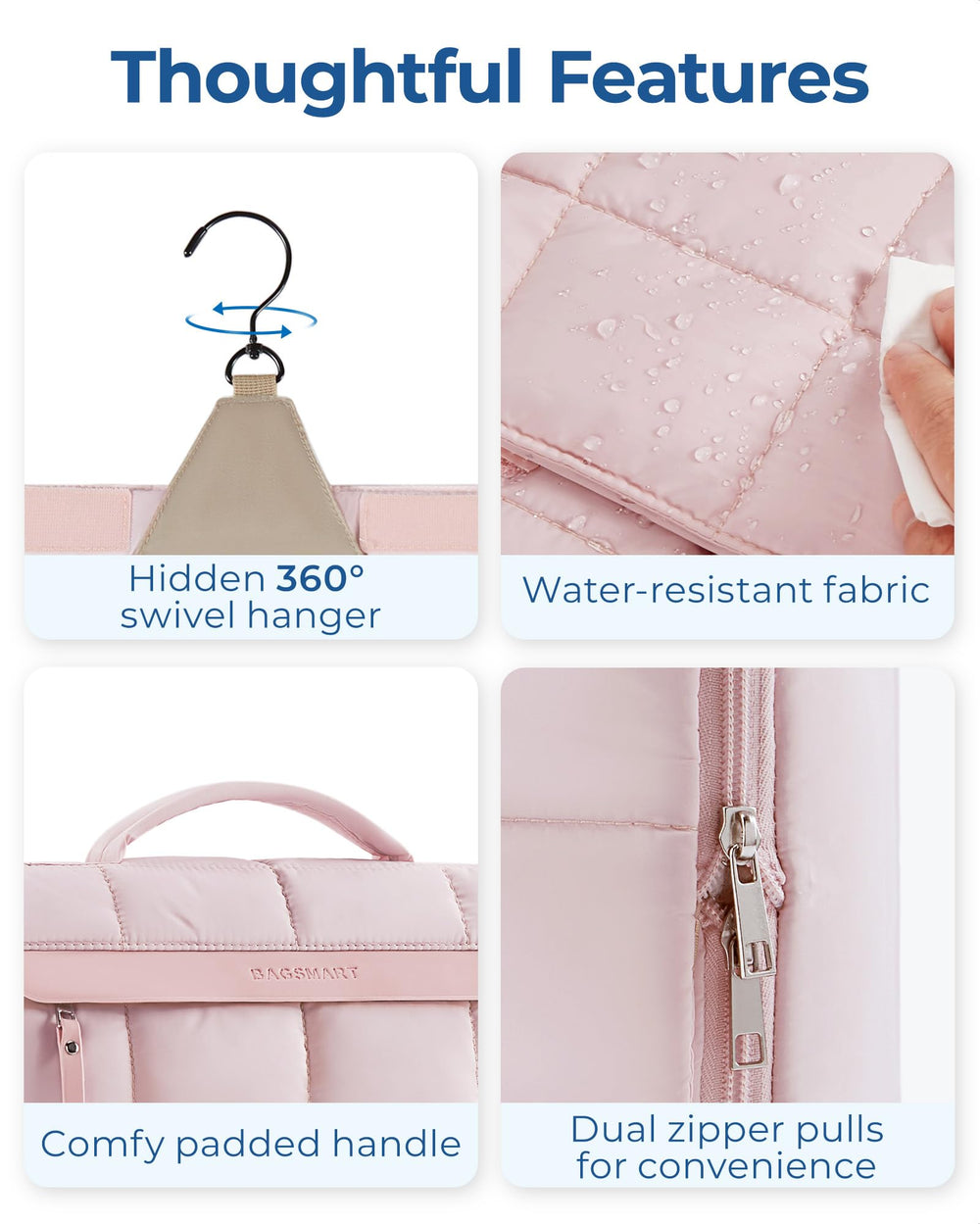 BAGSMART brown travel toiletry bag fits neatly in a suitcase for easy packing.