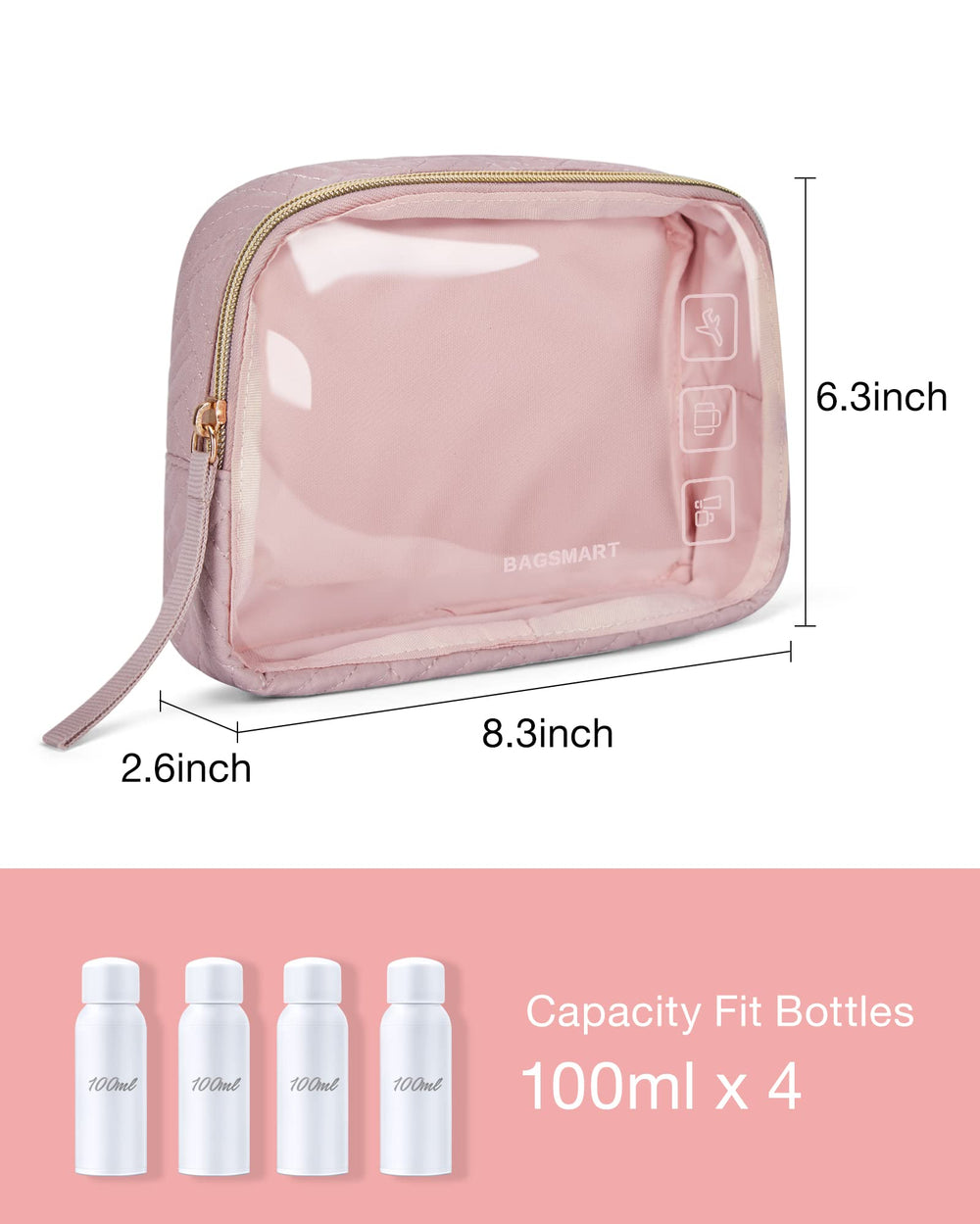BAGSMART clear makeup bag interior view highlights easy item visibility.