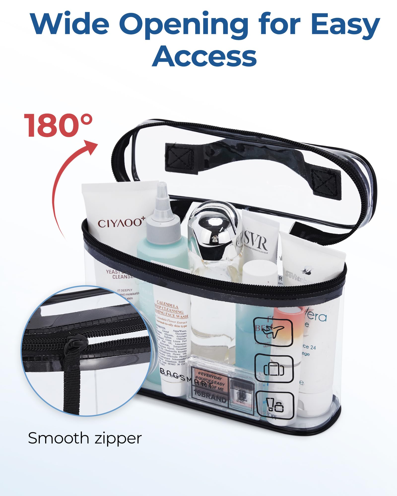 BAGSMART clear PVC material offers visibility and simple wipe-clean maintenance.