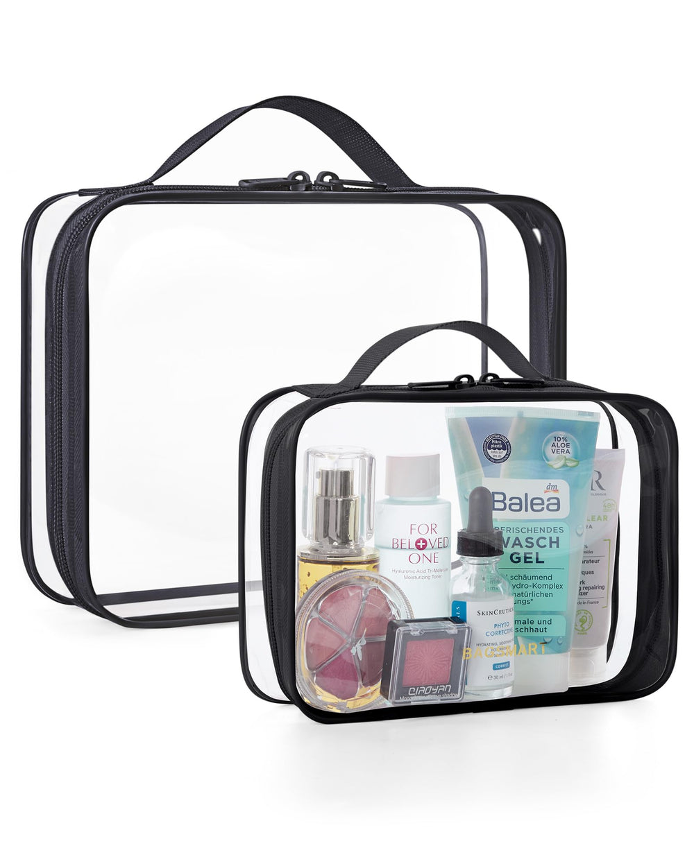 BAGSMART clear toiletry bag qt size demonstrates TSA-friendly organization for efficient security screening.