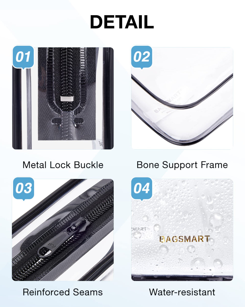 BAGSMART Clear Toiletry Bag reinforced seams emphasize durability and leak resistance