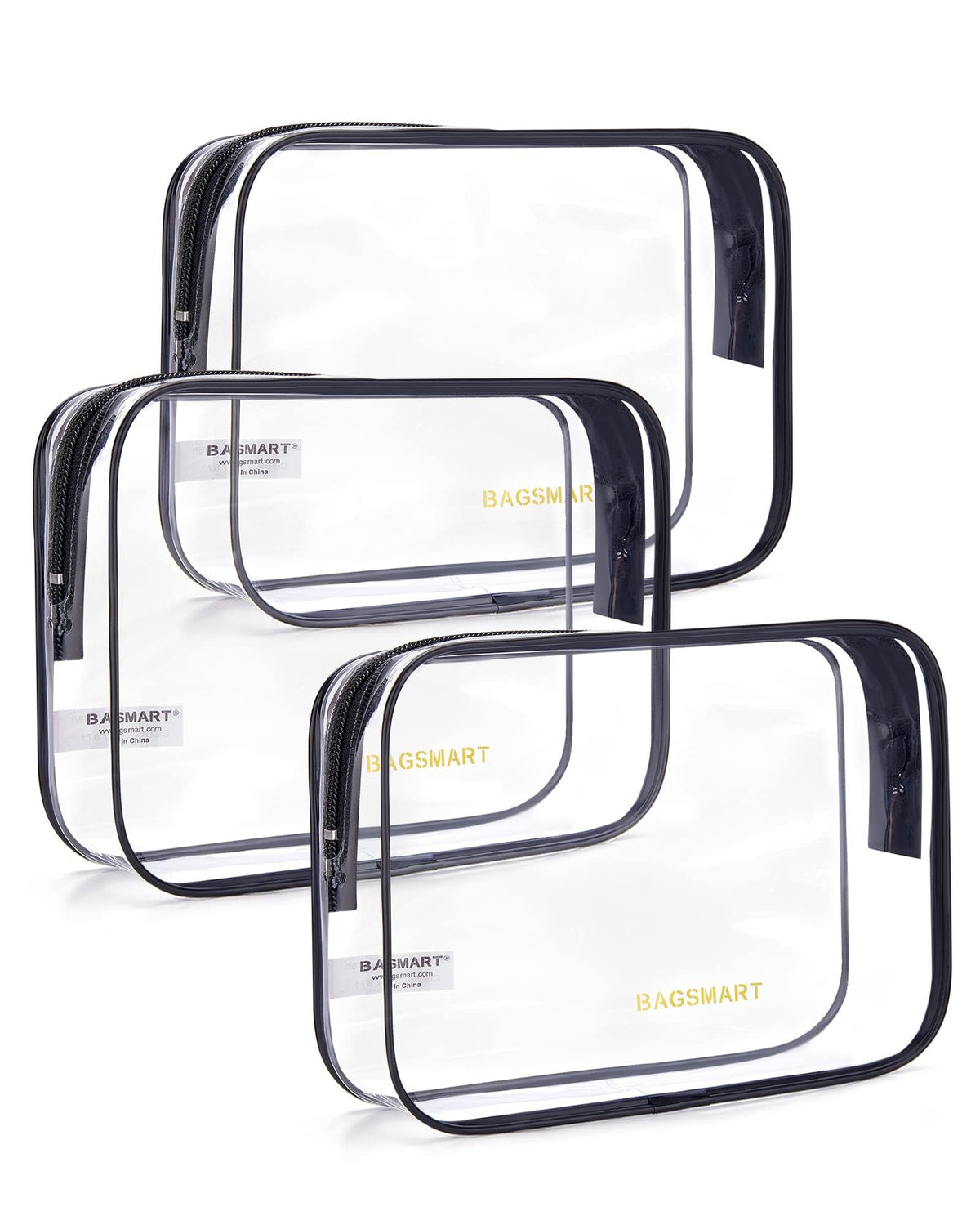 BAGSMART Clear Toiletry Bag three-pack display showing TSA-ready organization