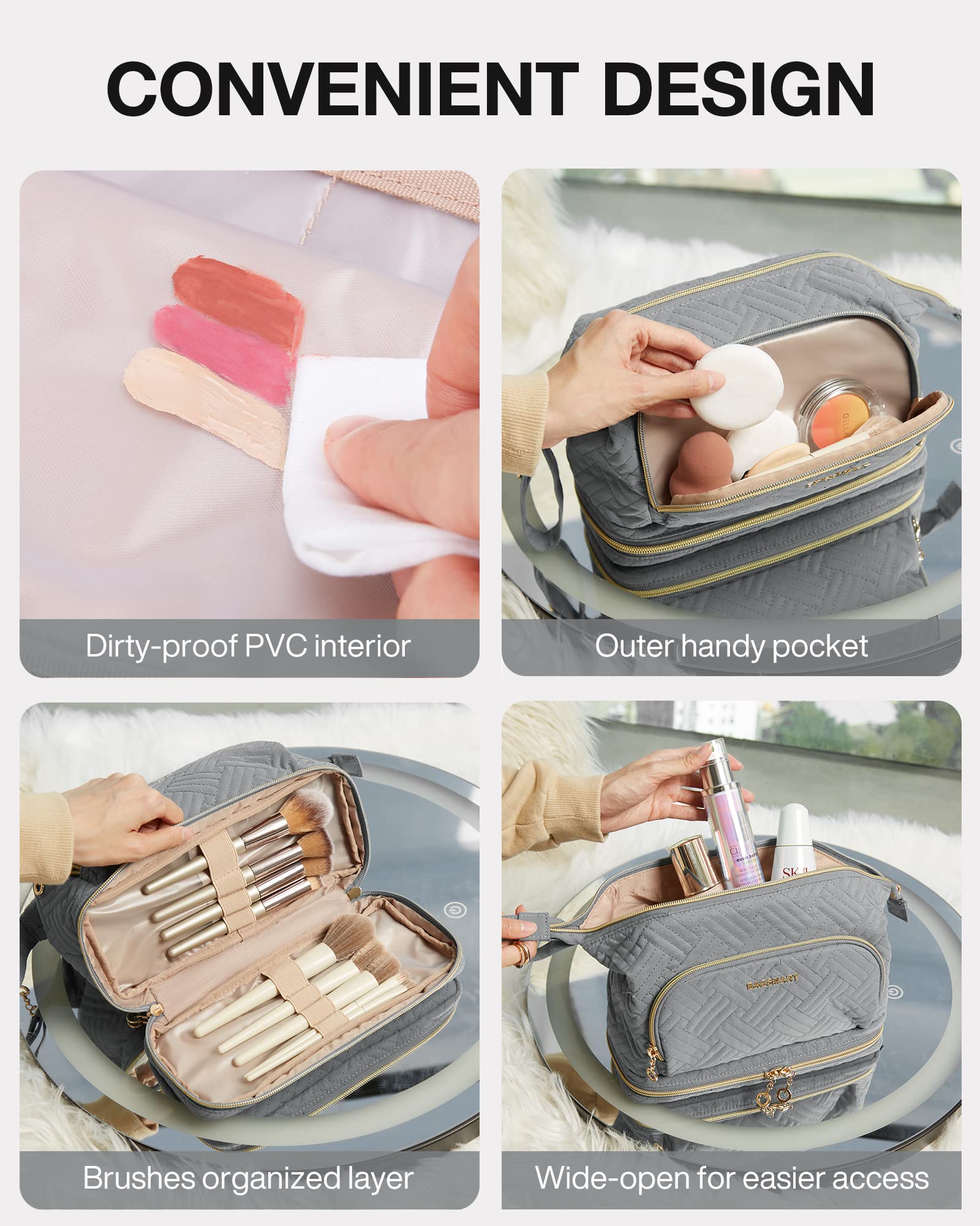 BAGSMART cosmetic bag with dirt-proof PVC pocket eases cleaning and storage of sponges