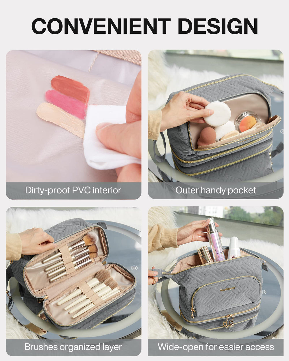 BAGSMART cosmetic bag with dirt-proof PVC pocket eases cleaning and storage of sponges