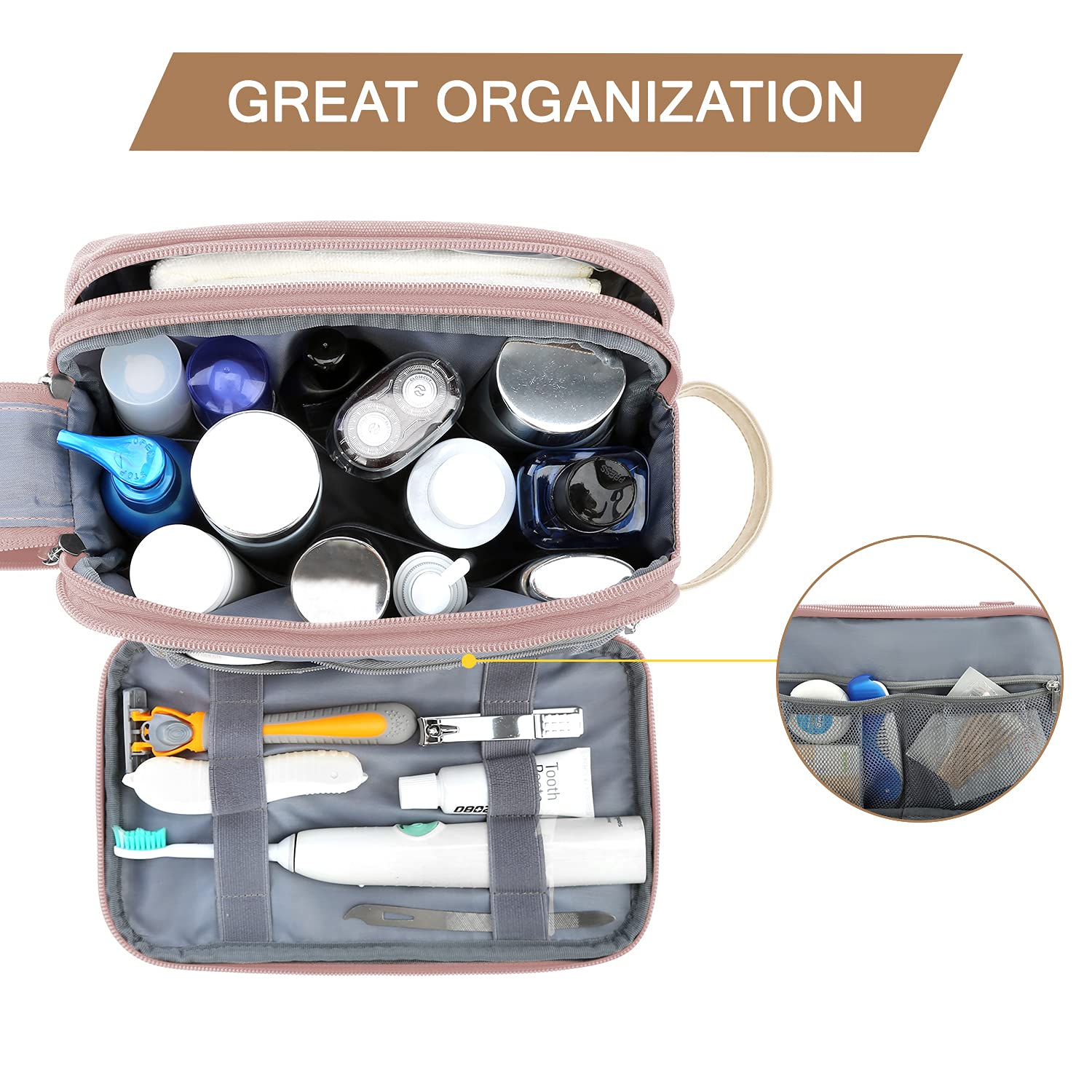 BAGSMART Dopp Kit pink side zipper pocket keeps brushes sorted.