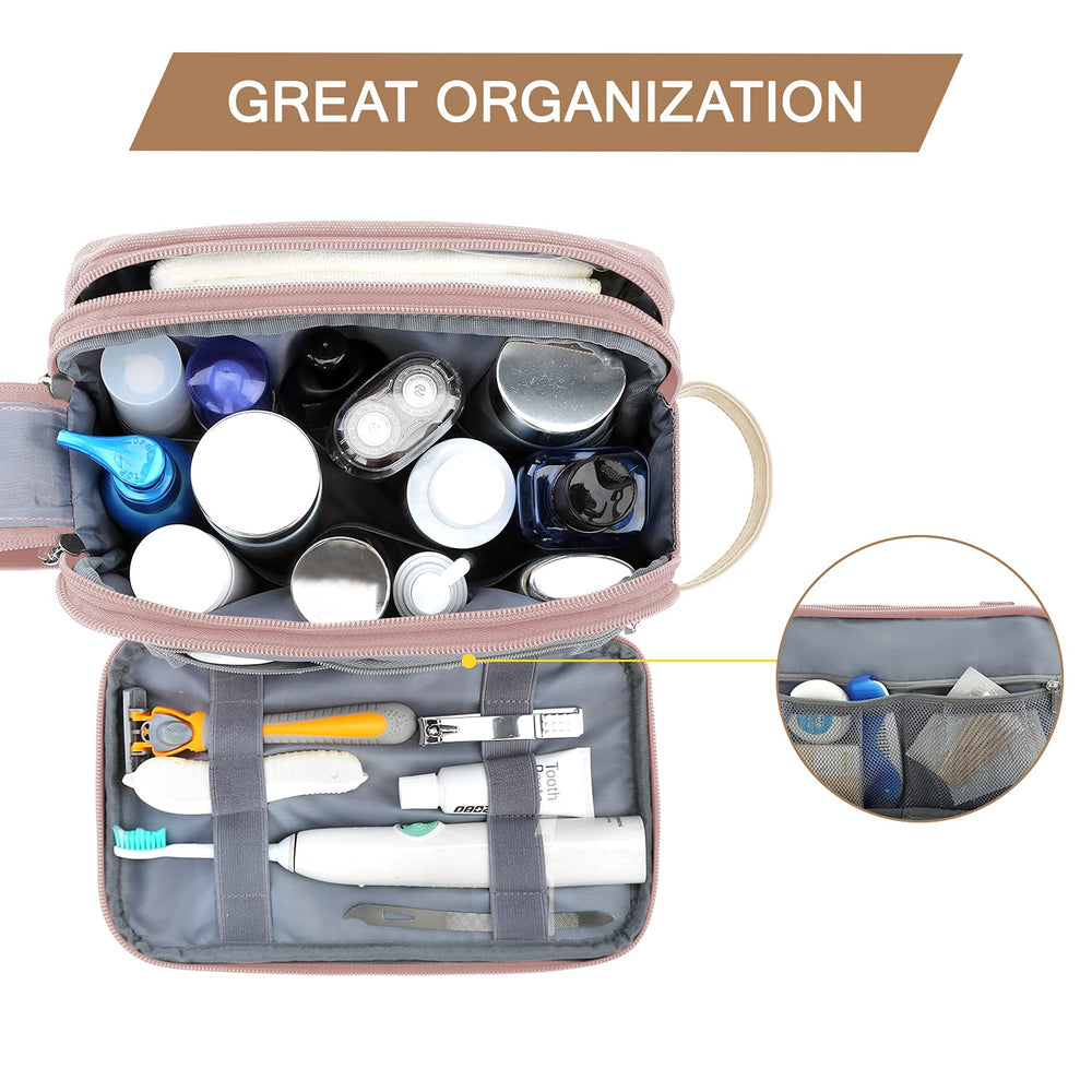 BAGSMART Dopp Kit pink side zipper pocket keeps brushes sorted.