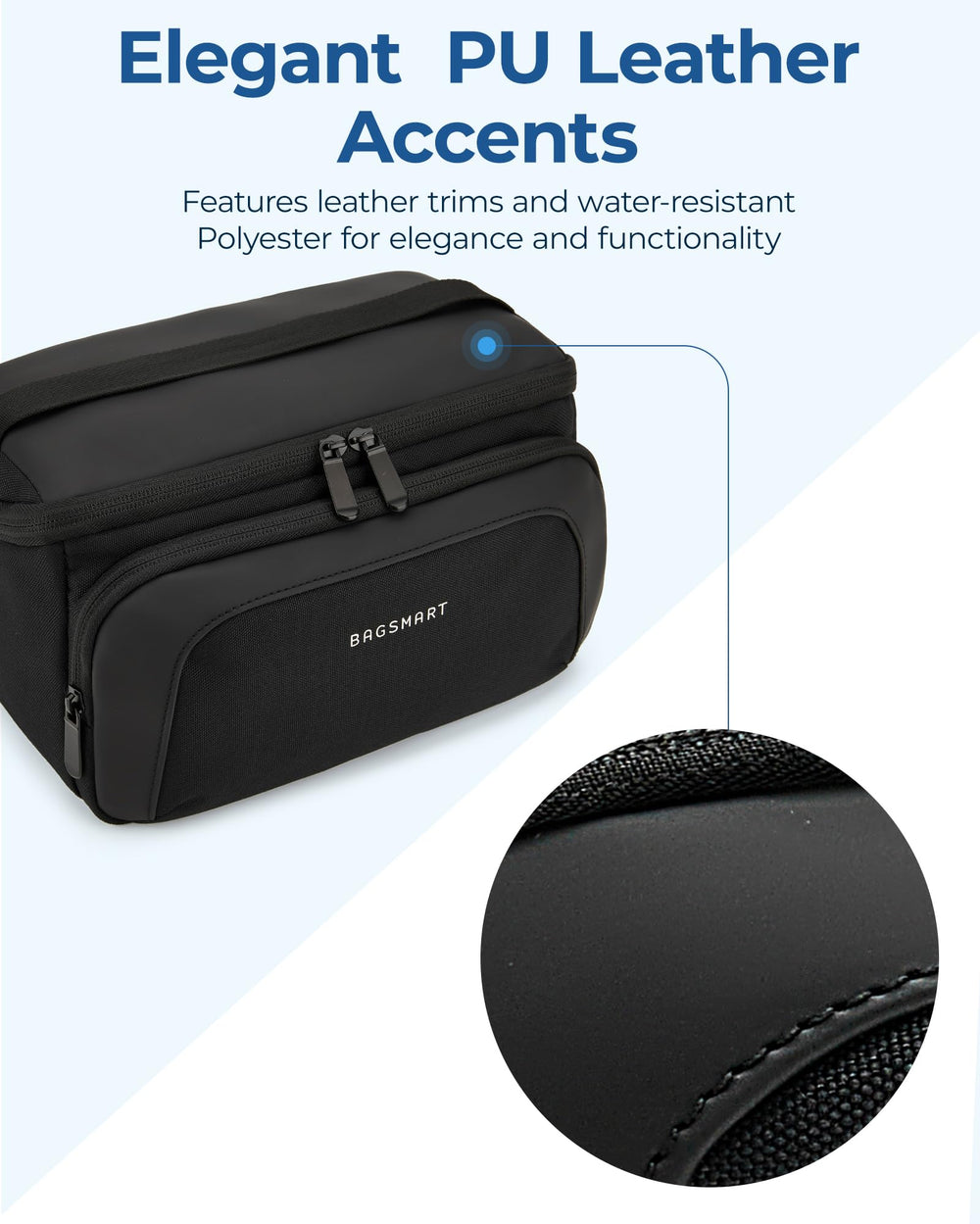 Bagsmart Dopp Kit with smooth two-way zippers for easy opening.