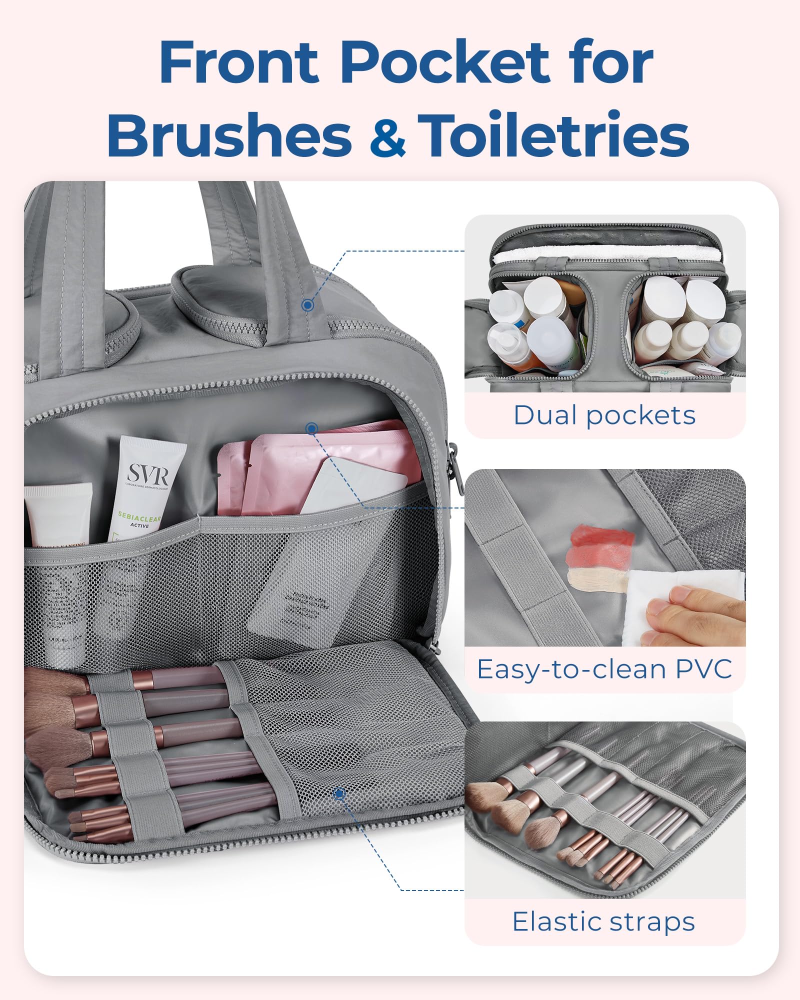 BAGSMART large compartments illustrate dry-and-wet separation for toiletries and cosmetics.