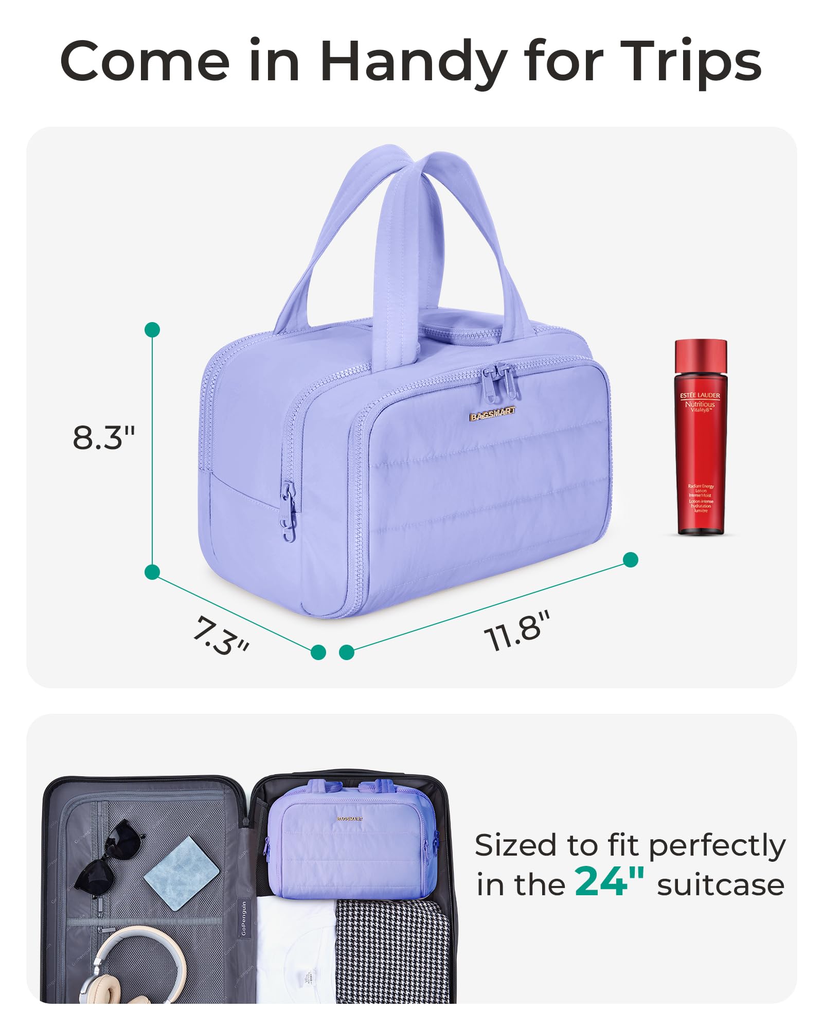 BAGSMART four-compartment design organizes toiletries and makeup efficiently during trips.
