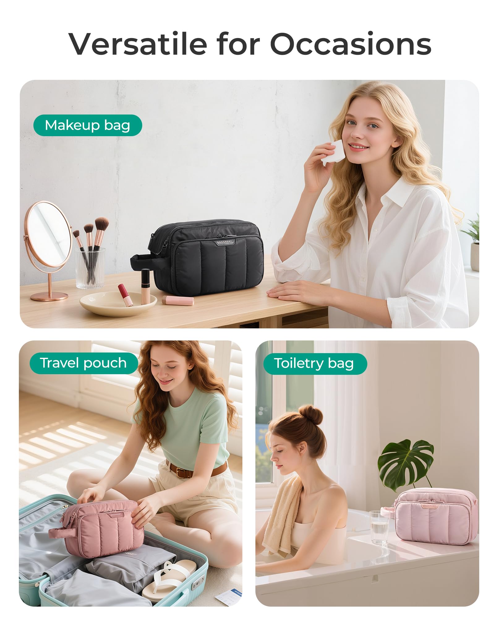 BAGSMART front compartment shows elastic straps for brushes and small items.