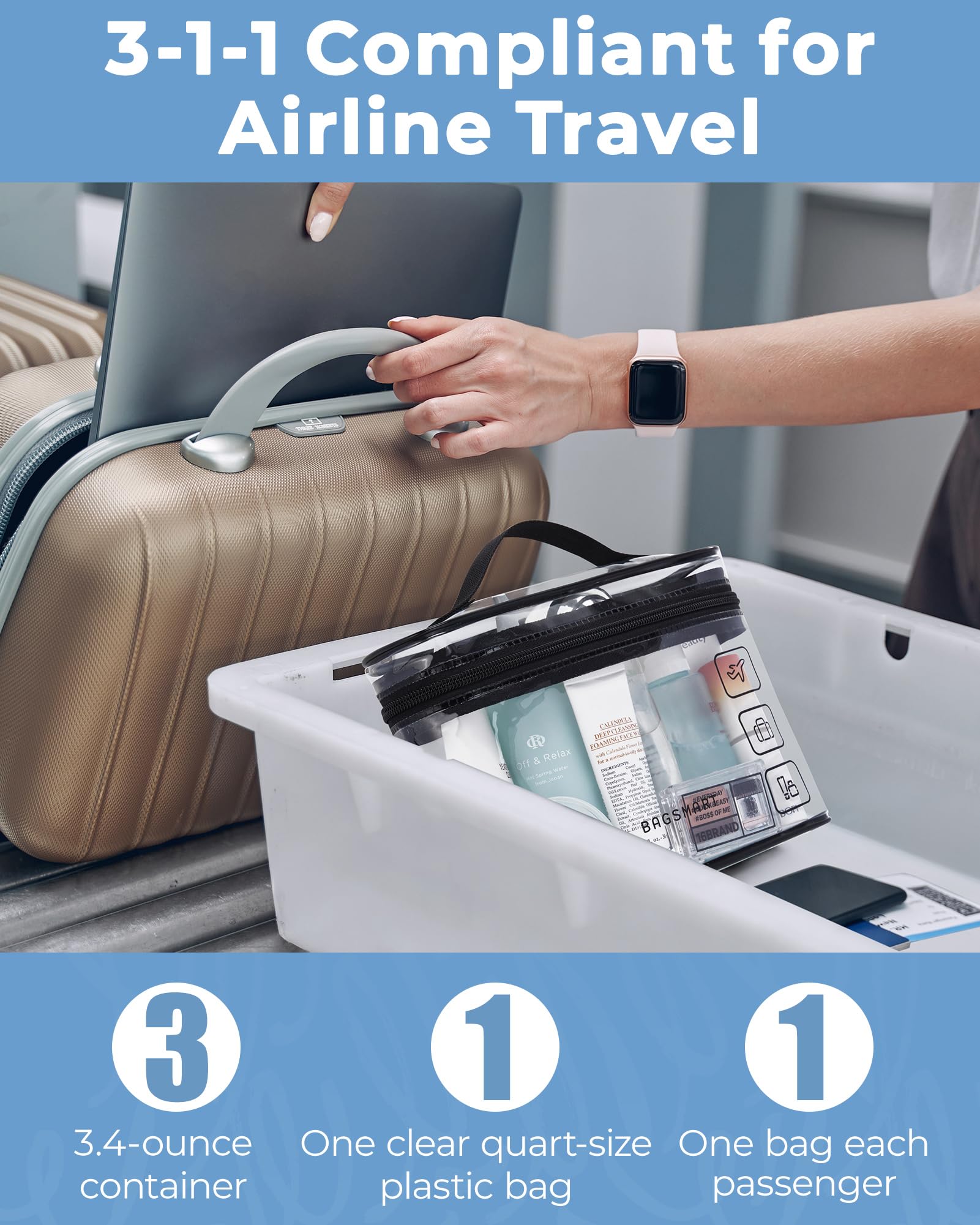 BAGSMART compact clear bag with hanging handle for hotel organization.