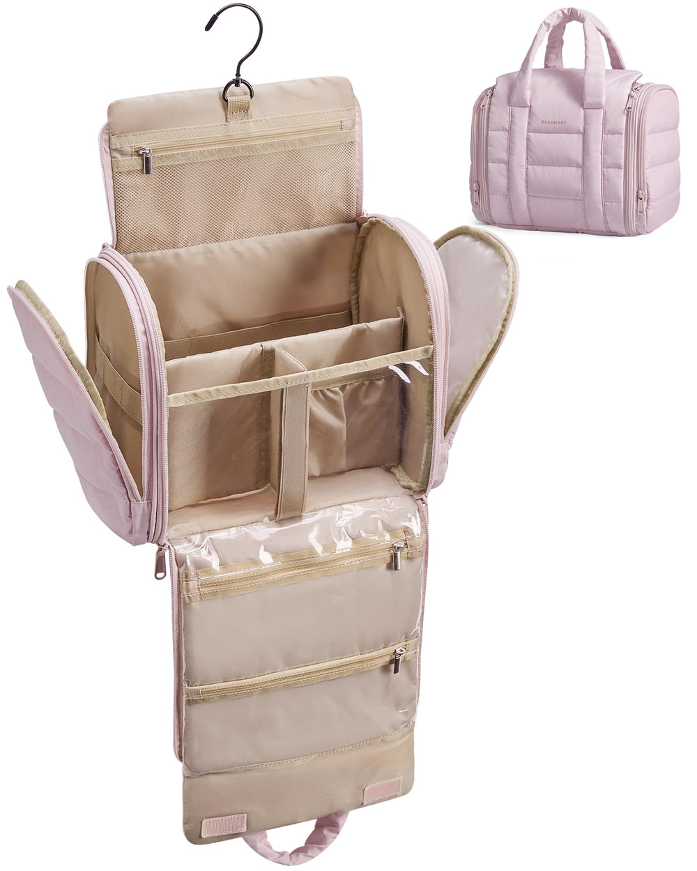 BAGSMART hanging toiletry bag removable partition nude pink for easy travel organization.
