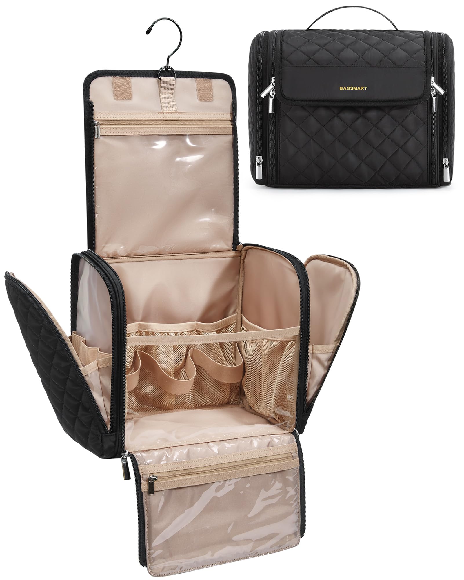 BAGSMART hanging travel toiletry bag main compartment shows ample space for cosmetics and toiletries.