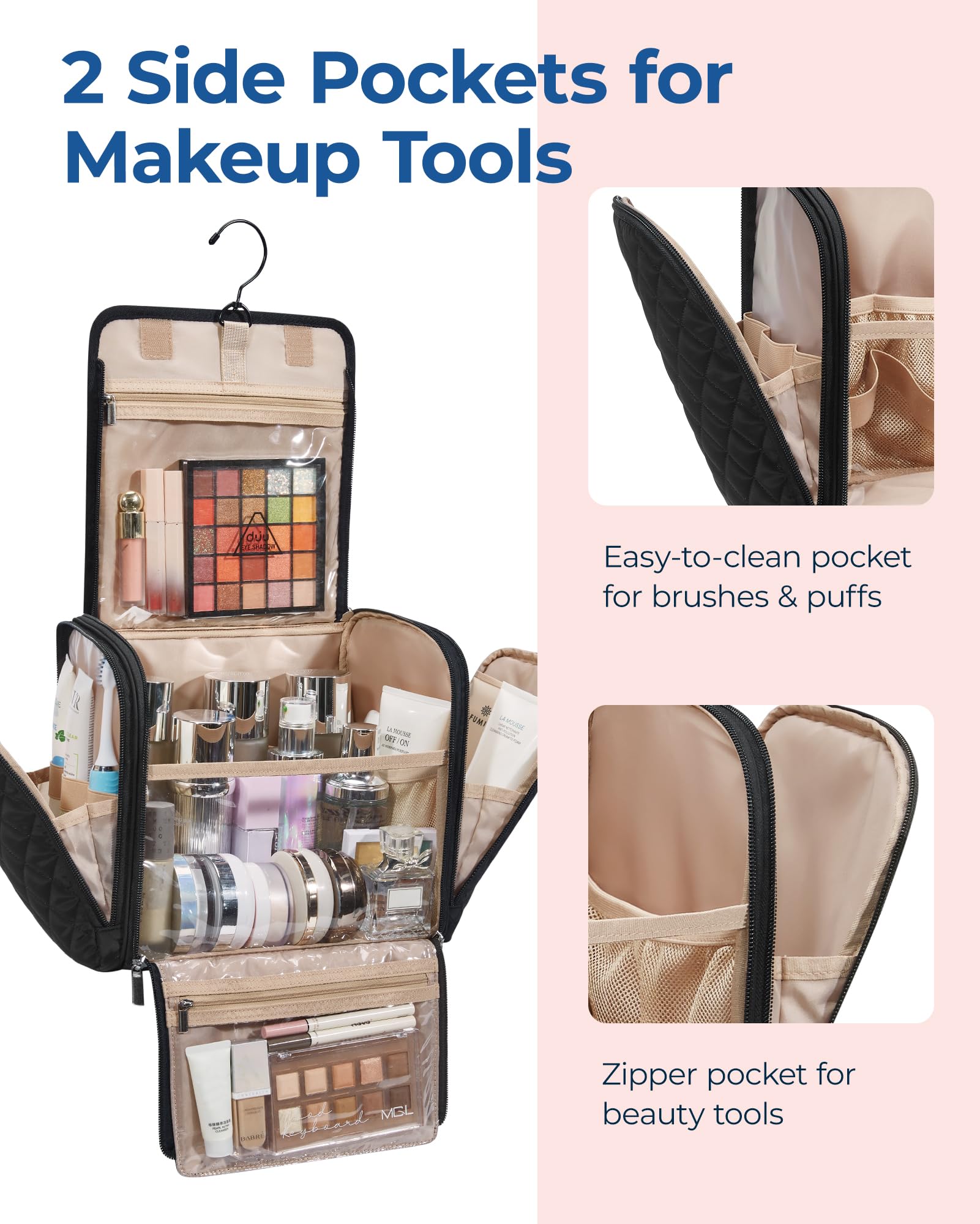 BAGSMART hanging travel toiletry bag rotatable hook enables versatile hanging options.