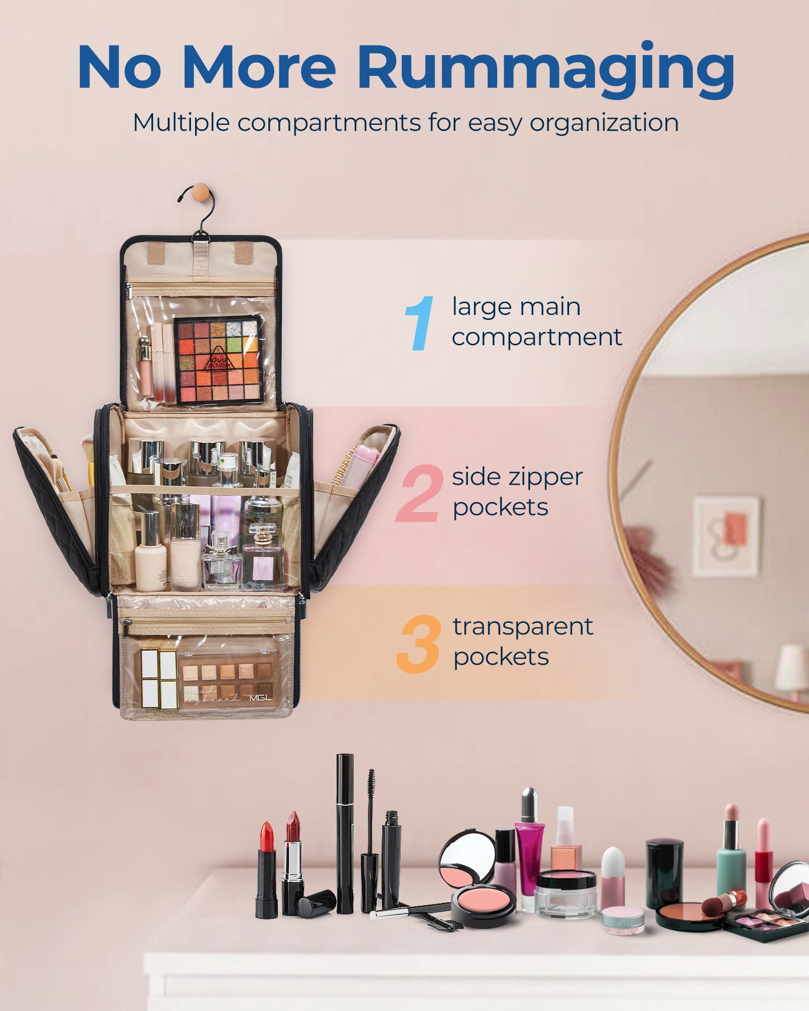 BAGSMART hanging travel toiletry bag side pockets store brushes and tools with stain-resistant lining.