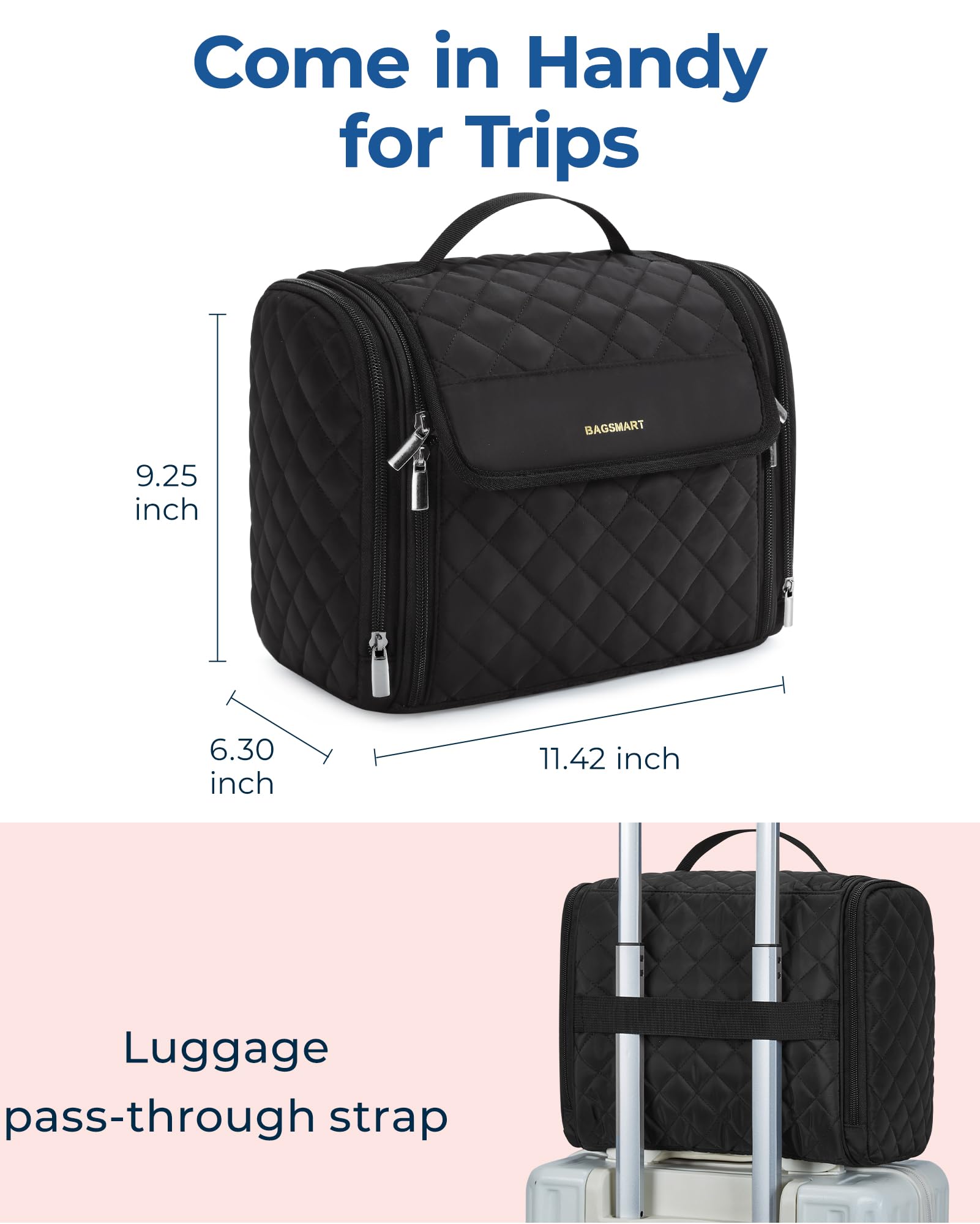 BAGSMART hanging travel toiletry bag stain-resistant lining protects brushes during travel.