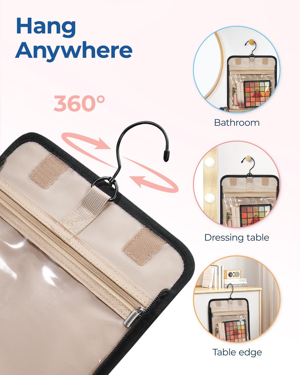 BAGSMART hanging travel toiletry bag top handle for easy carrying on the go.