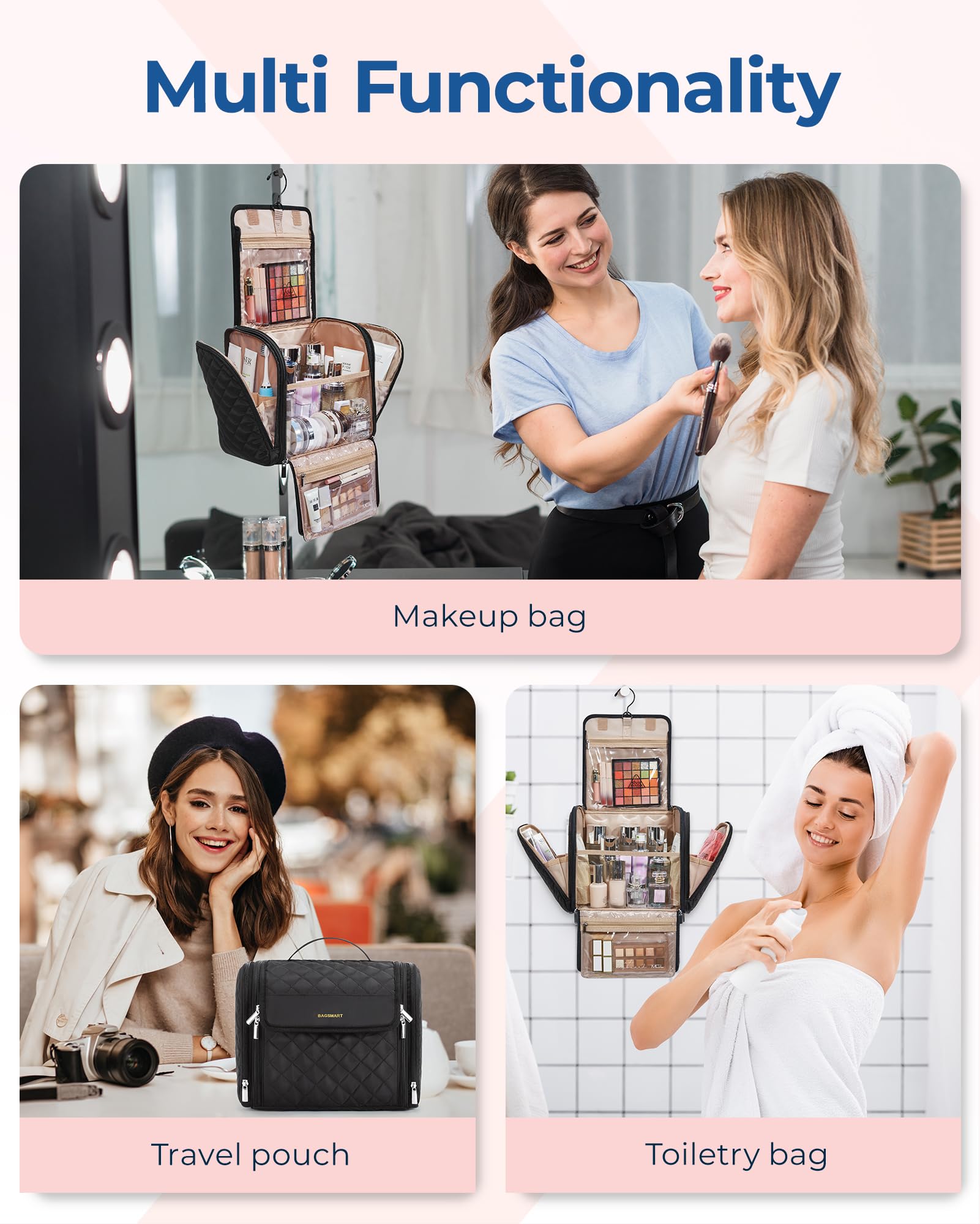 BAGSMART hanging travel toiletry bag transparent pockets provide quick visibility and access.