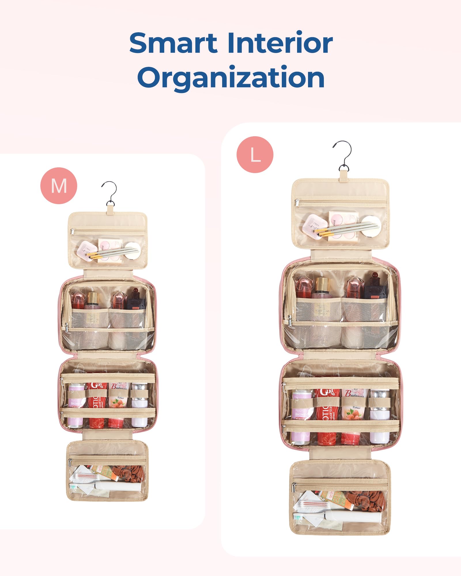 BAGSMART Large-capacity toiletry bag fits cosmetics and essentials neatly.