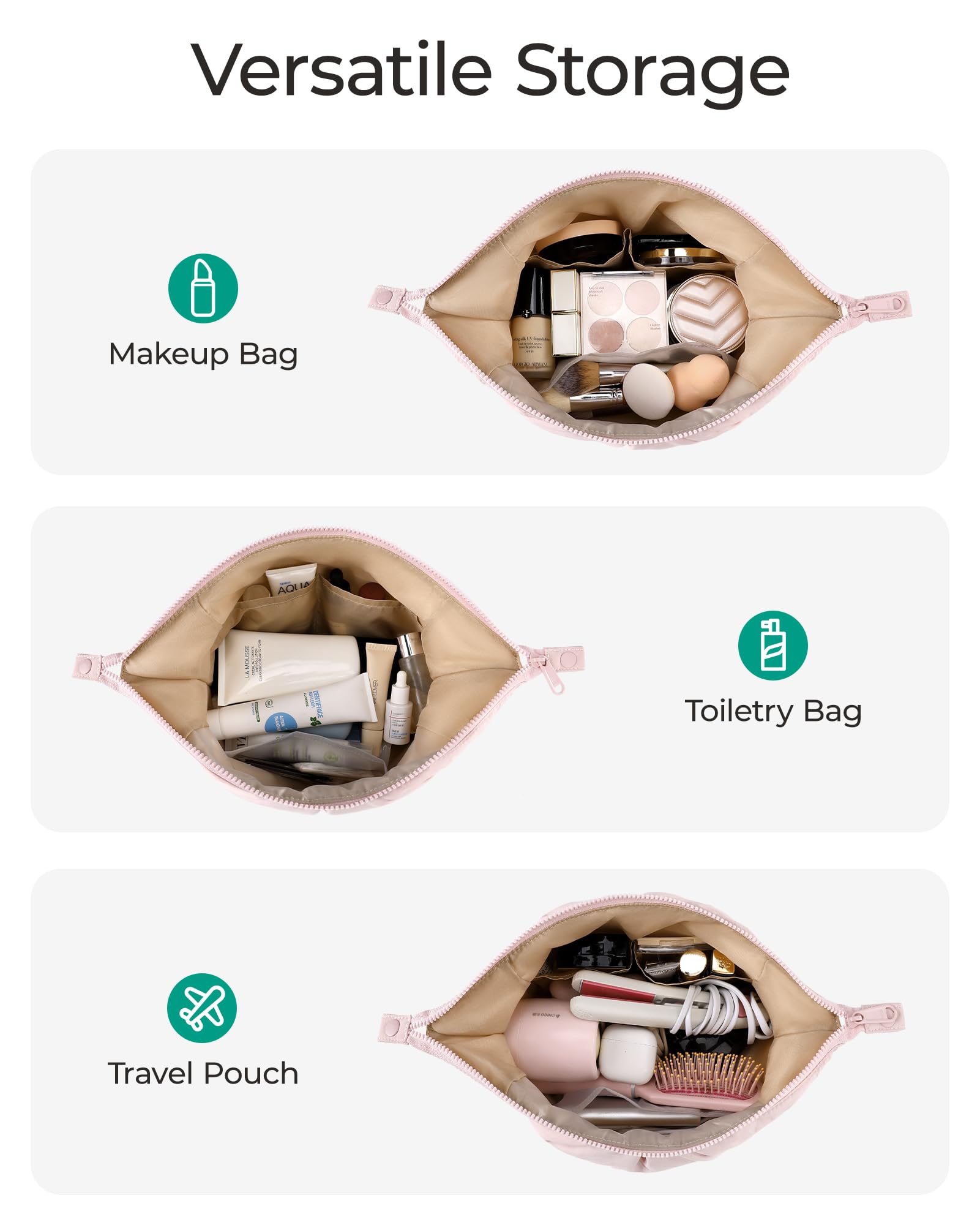 BAGSMART Makeup Bag black elegant design complements any vanity or bag.