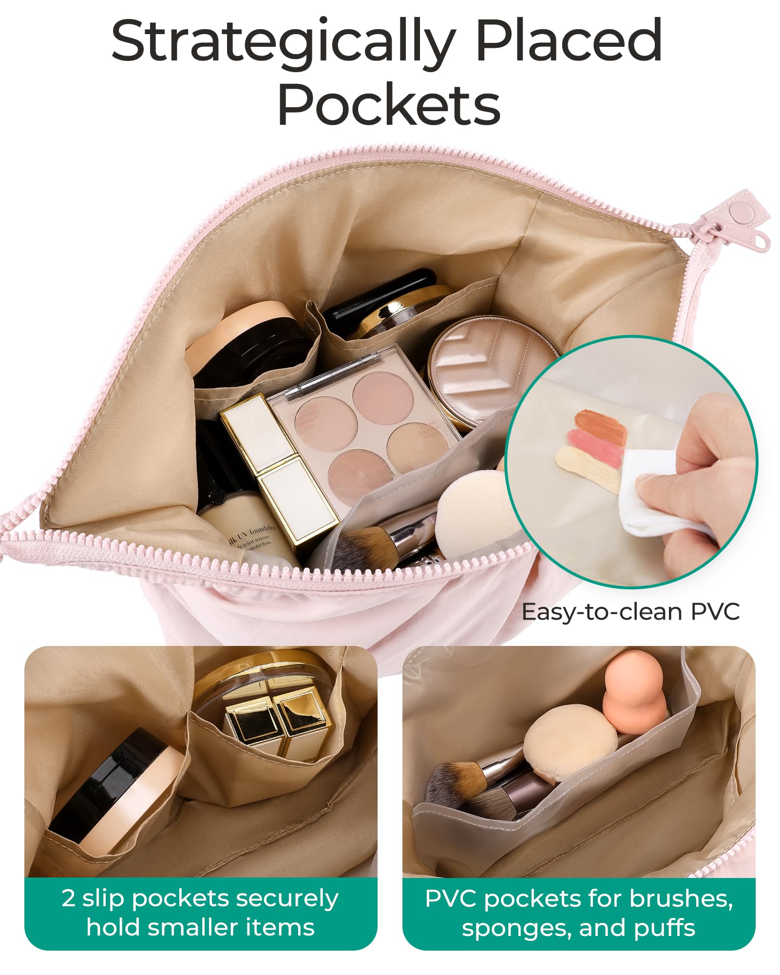 BAGSMART Makeup Bag compact-spacious interior fits cosmetics and travel-sized toiletries.