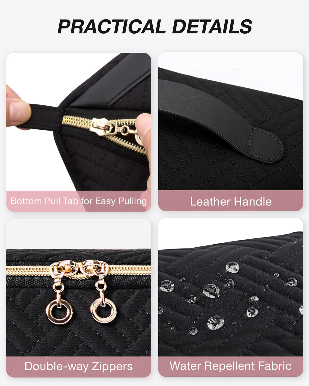 BAGSMART makeup bag double-way zippers and bottom tabs for easy-pulling.